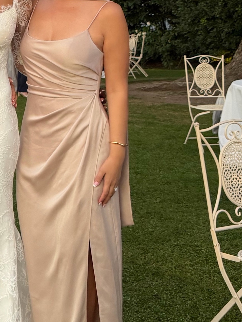 Jenny Yoo Champagne Satin dress and scarf Spaghetti Strap Bridesmaid